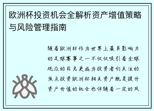 欧洲杯投资机会全解析资产增值策略与风险管理指南